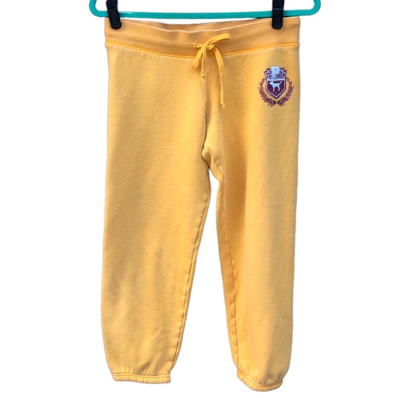 PINK Victoria's Secret Pants - PINK XS Joggers Cropped Sweat Pants Gold Burgundy Logo Patches Drawstring